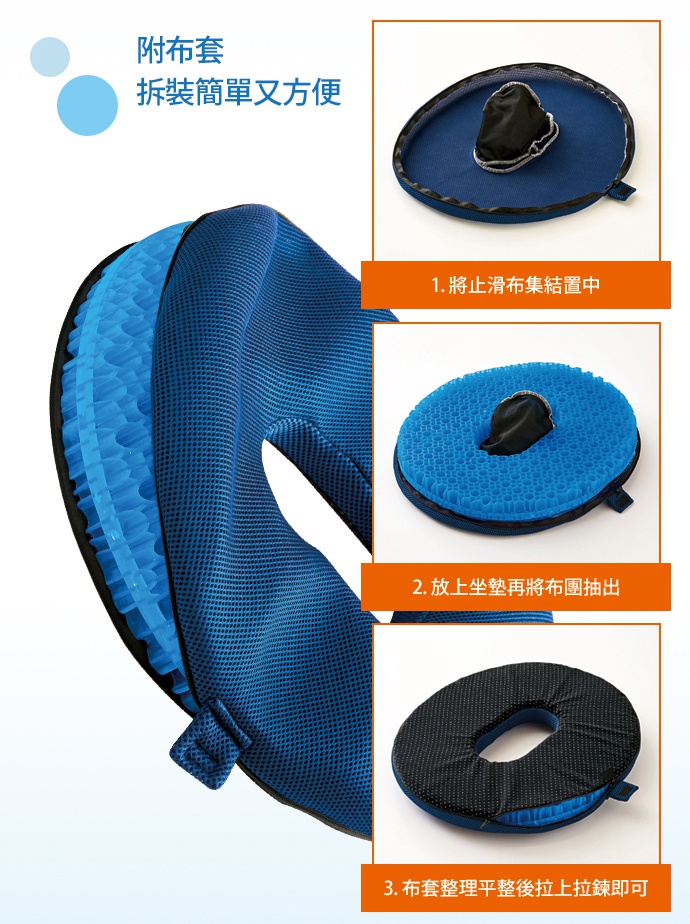 藍色網布布套包裹著雙層蜂巢式冷凝膠坐墊，展示了其透氣材質與獨特結構。