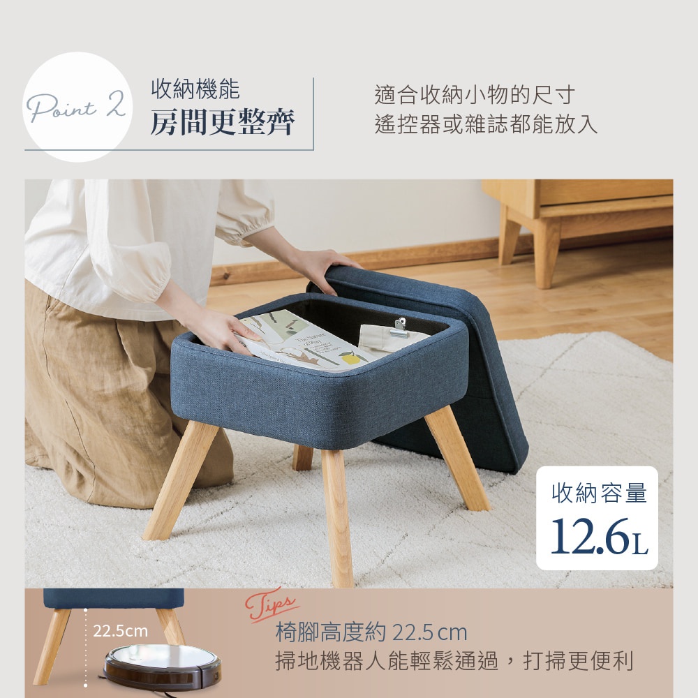 藍色布藝北歐風收納椅凳，椅面可掀開，內部有收納空間。椅凳有四支木質椅腳，椅凳高度約22.5公分。