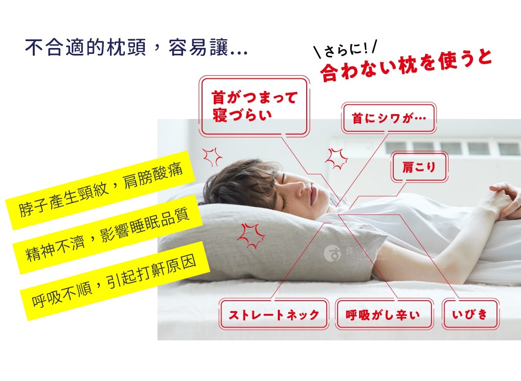 不合適的枕頭容易導致脖子產生頸紋、肩頸酸痛、精神不濟影響睡眠品質，以及呼吸不順引發打鼾。