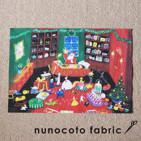 無框帆布藝術海報，描繪聖誕老人於堆滿玩具的書房中，周圍有聖誕樹、禮物、小汽車、玩偶等，整體色調溫暖繽紛。