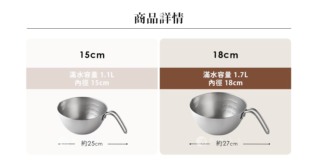 商品詳情：15cm 滿水容量 1.1L 內徑 15cm 約25cm，18cm 滿水容量 1.7L 內徑 18cm 約27cm。