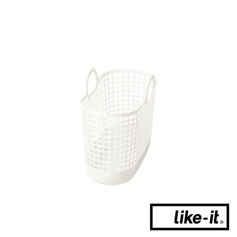 白色網格透氣手提式洗衣籃，材質為塑膠，設計簡潔，兩側有提把，適合收納衣物。