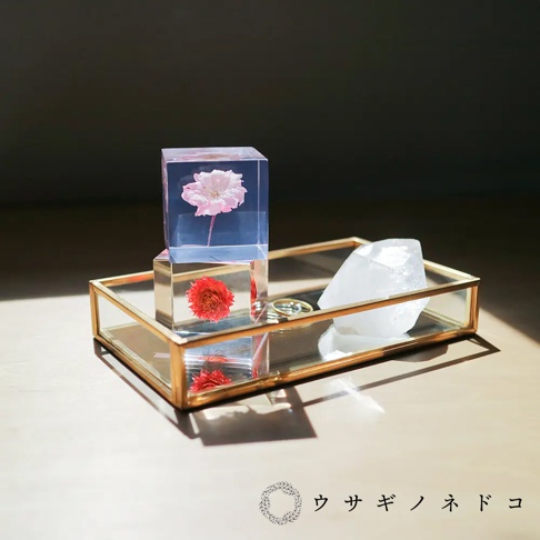 兩個透明立方體，上方立方體內嵌一朵粉色櫻花，下方立方體內嵌一朵紅色花朵，置於金色邊框玻璃托盤上，旁有一塊白色水晶。