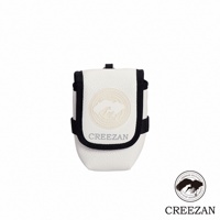 白色皮革高爾夫球收納腰包，飾有黑色滾邊及圓形壓紋標誌，下方有品牌名稱 CREEZAN 字樣。