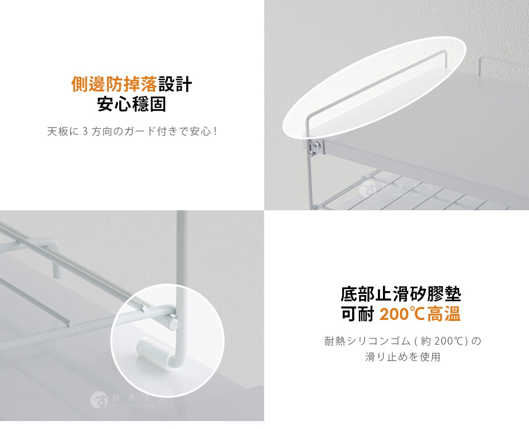 白色多功能廚房收納層架的細節展示圖，上方圖片強調天板設有三面防護欄以防止物品掉落，下方圖片則特寫了架子底部使用的耐熱矽膠止滑墊，說明該材質可承受高達200度的高溫。