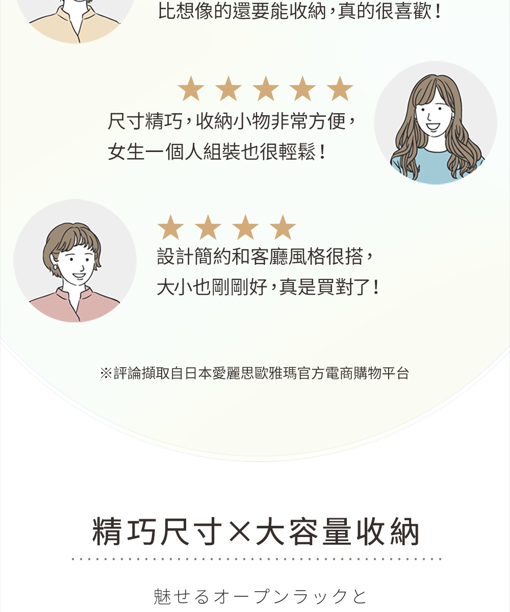 鐵木櫥櫃 IWKC-590，以鐵木材質製成，提供兩種顏色選擇。此圖片展示產品的精巧尺寸與大容量收納的特色，並包含顧客對產品的正面評價。