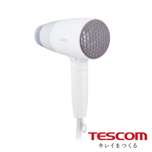 白色輕巧吹風機，機身印有elims字樣，出風口處有蜂窩狀網格設計，下方有TESCOM品牌標誌。