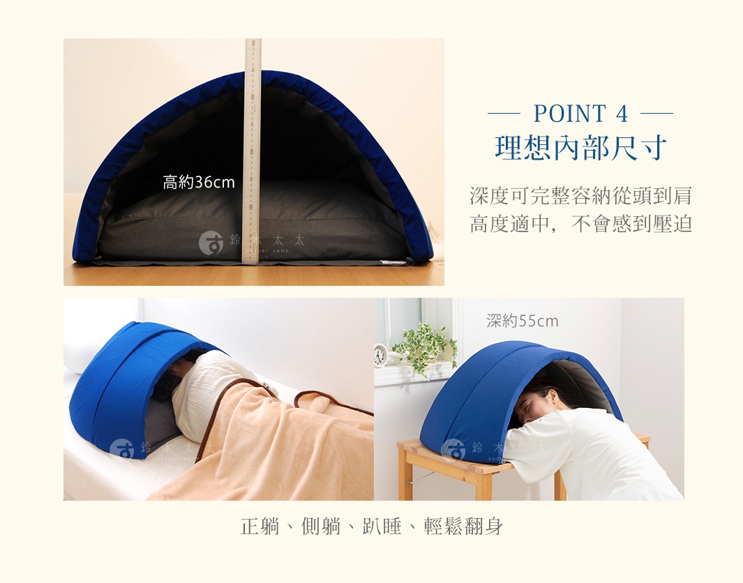 圖片文字：POINT 4 理想內部尺寸，深度可完整容納從頭到肩，高度適中，不會感到壓迫，高約36cm，深約55cm，正躺、側躺、趴睡、輕鬆翻身。