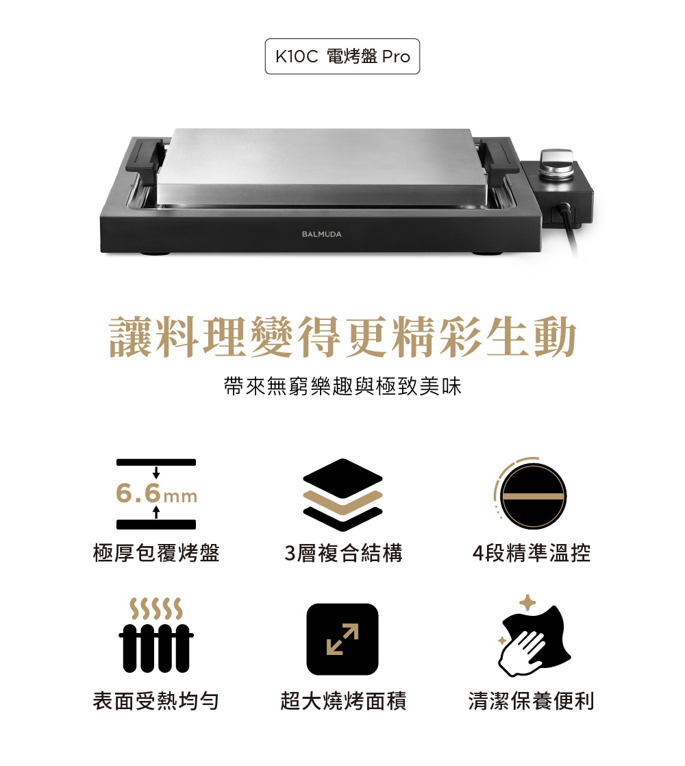 The Plate Pro 極致電烤盤 (黑色) 是一款配備厚實烤盤、四段精準溫控和寬敞烘烤面積的黑色電烤盤。