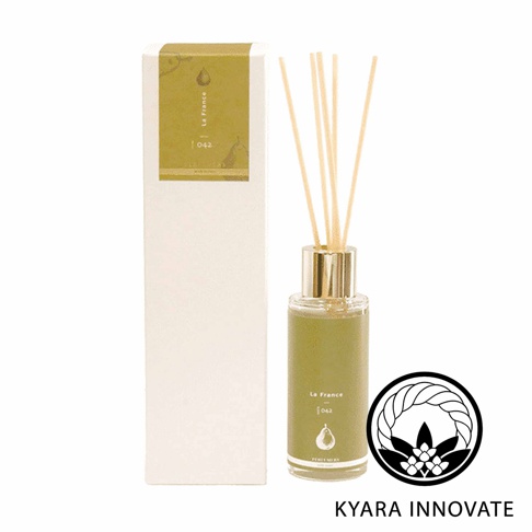 KYARA INNOVATE Le France 042 香氛擴香竹，內含一瓶擴香液和細長的擴香棒，旁為配套的白色紙盒包裝。