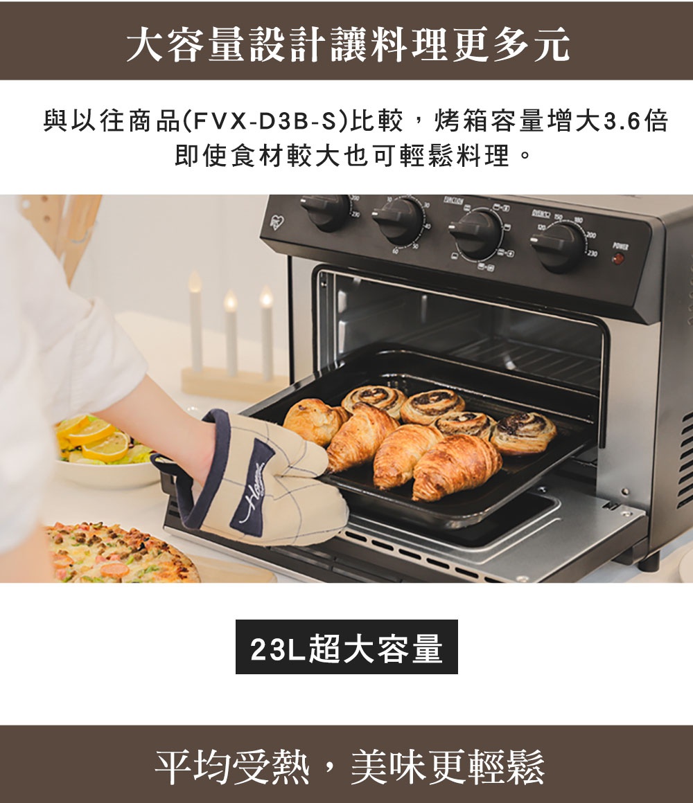 黑色23L大容量氣炸烤箱，內部烤盤裝有可頌麵包和丹麥酥，一人手戴隔熱手套準備取出。
