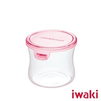 耐熱玻璃製成的圓形微波保鮮盒，容量 240ml，配有粉紅色密封蓋，蓋子上有「PACK&RANGE」字樣。