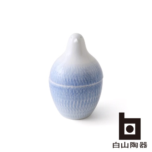 白鳥造型牙籤瓶，瓶身為白色漸層藍條紋，陶瓷材質，帶有蓋子。