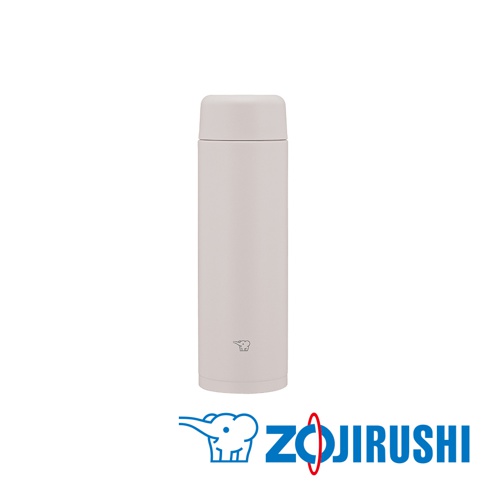 淺灰色 0.35L 不鏽鋼真空保溫杯，具有一體式中栓旋蓋設計，杯身印有象印商標。