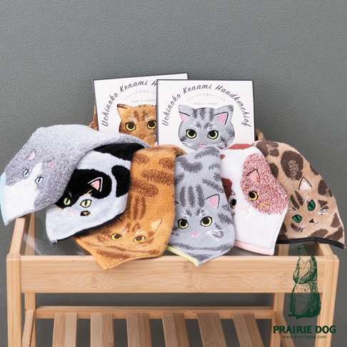 木製架子上擺放著六款不同花色的 Prairie Dog Uchinoko Kenami 系列貓咪刺繡方巾，方巾呈現柔軟的毛巾質感，上面繡有不同品種貓咪的臉部特寫，表情生動細緻。後方立著兩個印有貓咪圖案與產品名稱的包裝紙盒，背景為簡約的深灰色牆面。