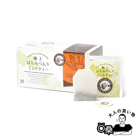 Lakshimi 蜂蜜風味薄荷茶，包裝盒內含 25 包茶葉，並展示獨立茶包。
