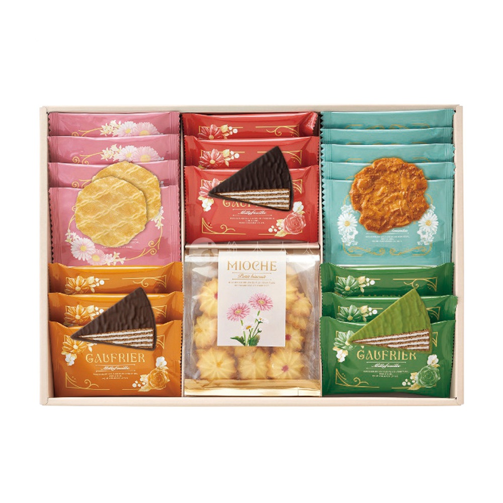 神戶風月堂秋季綜合西點禮盒，包含粉色、紅色、橘色、綠色及藍綠色包裝的各式薄餅與夾心酥，禮盒中央透明袋裝著奶油花朵造型餅乾，整體呈現精緻優雅的節慶禮盒擺設。