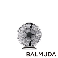白色 BALMUDA GreenFan Cirq 循環扇，配有黑色扇葉和網罩，置於白色背景上。