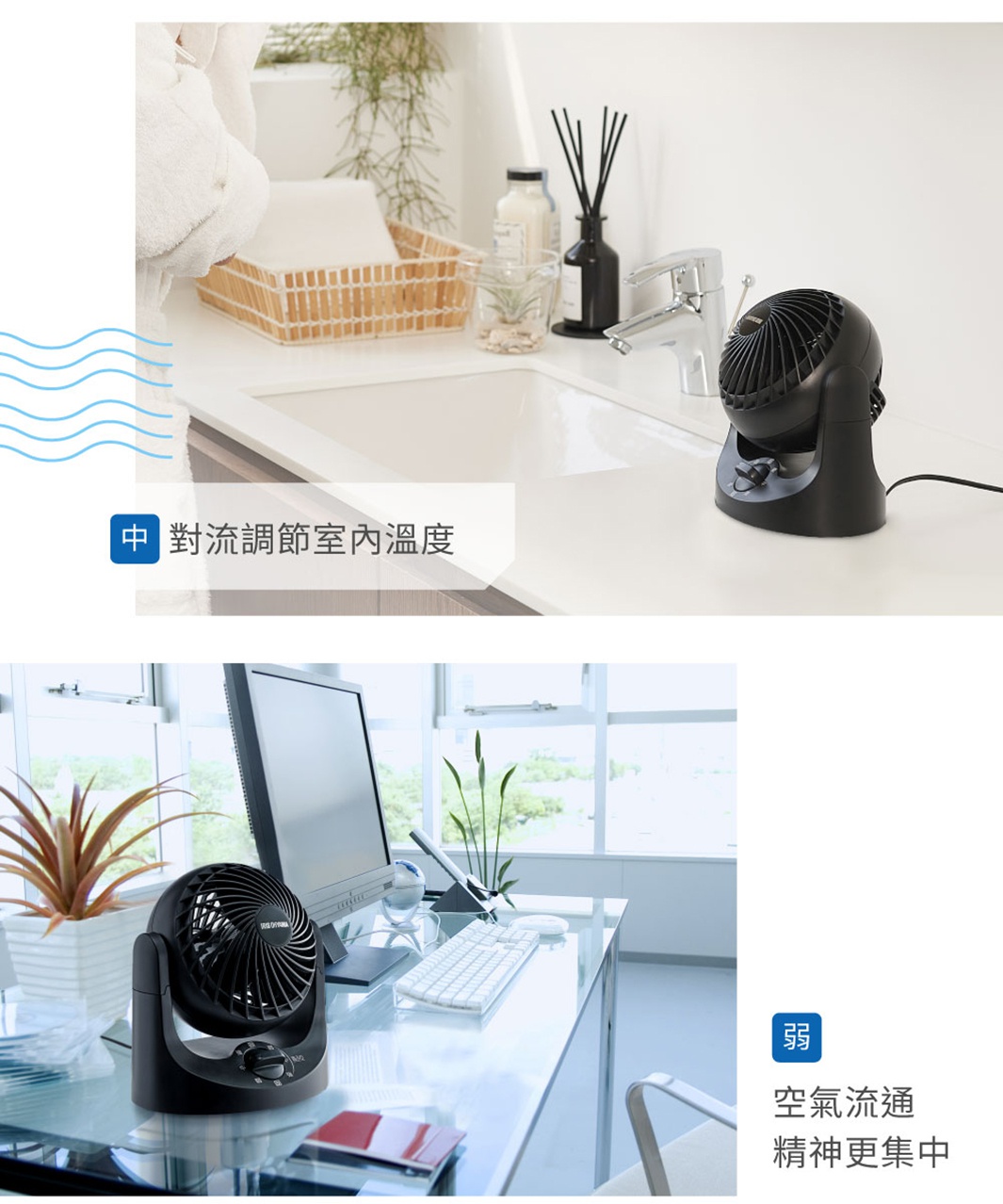 黑色桌上型空氣循環扇，扇網採網狀設計，機身底部有旋鈕開關。此款循環扇放置於廚房流理台和辦公桌上，另有白色款式可供選擇。