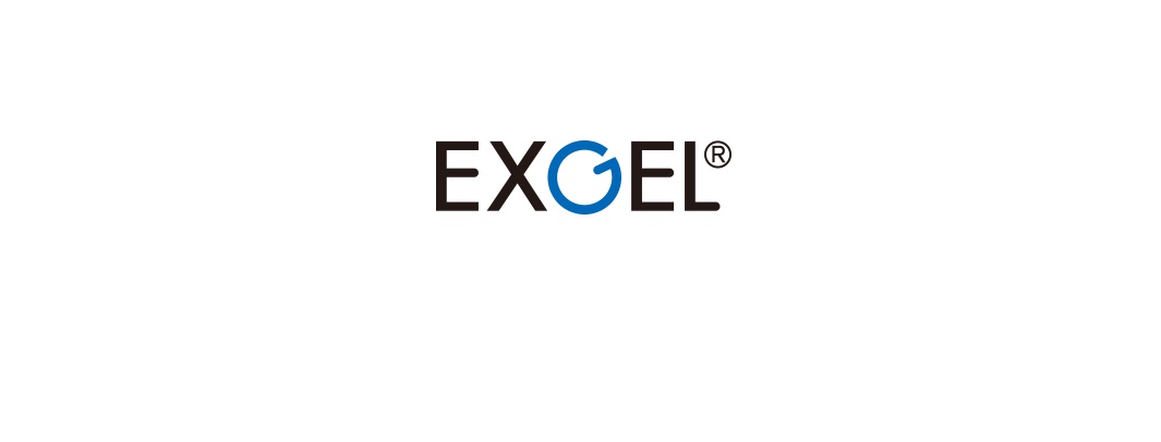 黑色「EXGEL」字樣，其中「G」字為藍色圓形，右上方有註冊商標符號「®」。
