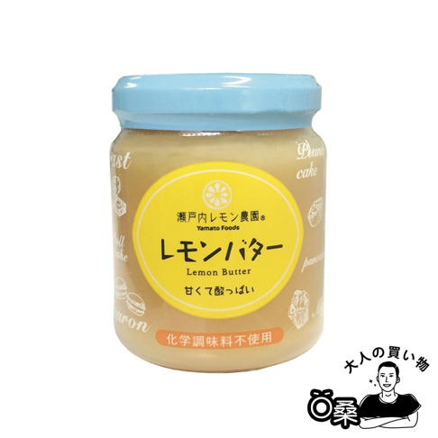 玻璃罐裝廣島檸檬蛋黃醬，醬體呈淡黃色，罐蓋為淺藍色。標籤為黃色橢圓形，印有「瀨戶內檸檬農園」、「Lemon Butter」字樣及檸檬圖案。罐身印有烘焙食品圖案。