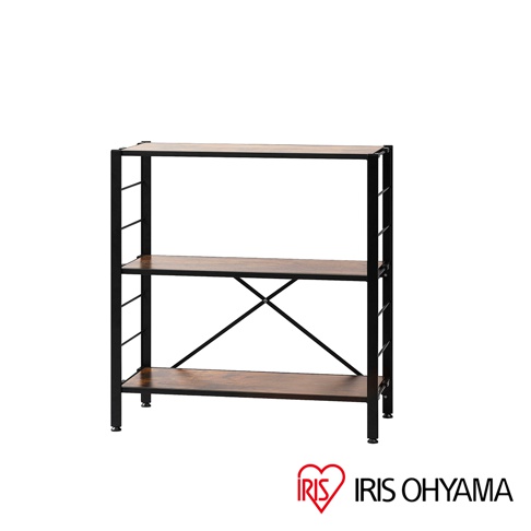 IRIS OHYAMA 萬能摺疊層架 KRSR-3 是一個三層開放式層架，黑色金屬支架搭配木紋層板，底部有可調節腳墊。