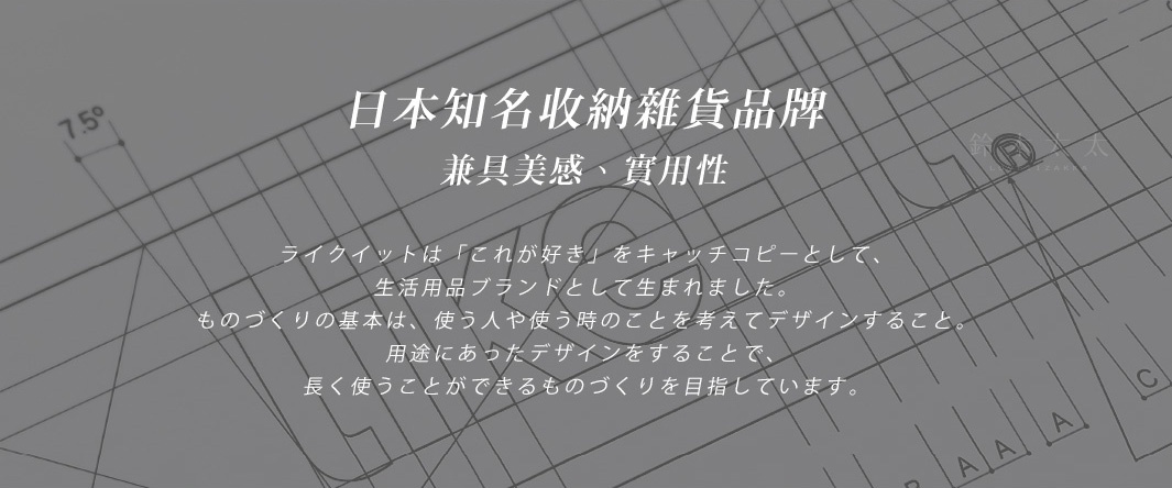 灰色背景上，白色日文文字「日本知名收納雜貨品牌 兼具美感、實用性」及品牌介紹文字，左上角有標示 7.5° 的尺。