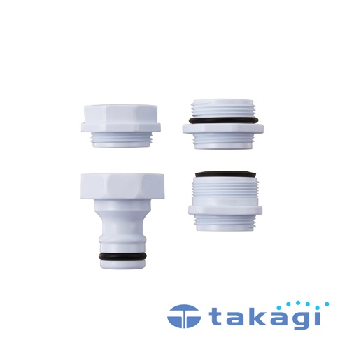 四個白色塑膠水龍頭接頭，其中兩個帶有黑色橡膠圈，用於連接水管。