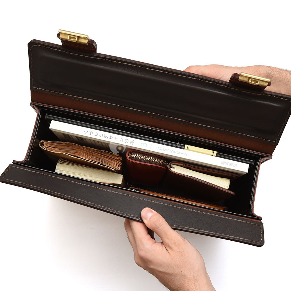 深棕色皮革製作的機師箱，箱內裝有多本筆記本、一個小錢包和一本書。箱子採用縫線裝飾，配有金色金屬鎖扣，由兩人手持展示。