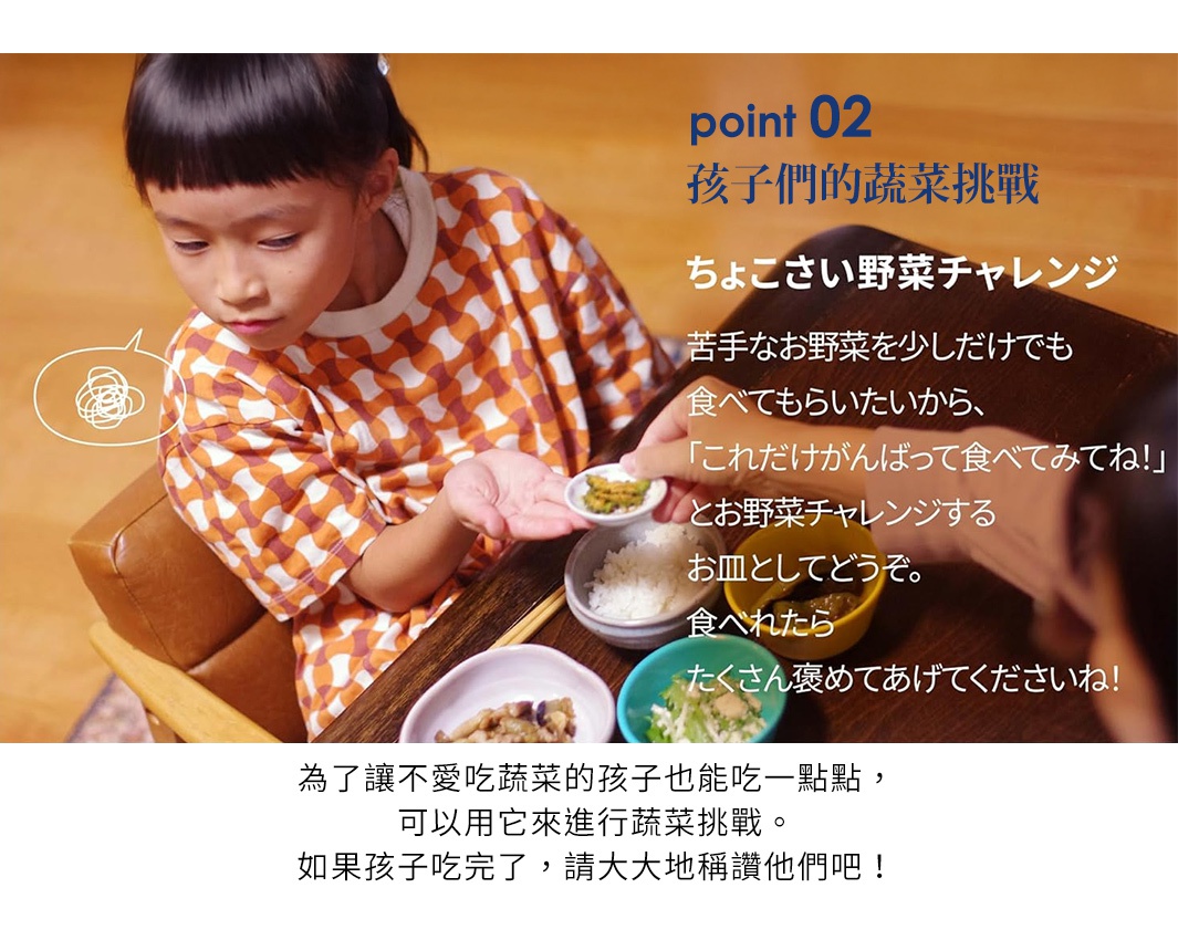 point 02 孩子們的蔬菜挑戰
為了讓不愛吃蔬菜的孩子也能吃一點點，
可以用它來進行蔬菜挑戰。
如果孩子吃完了，請大大地稱讚他們吧！



point 03 共12種圖案可選擇
每個小碟都描繪著不同的蔬菜種類， 輕鬆點綴餐桌風景。

小さくカラフルで色んな パターンの絵柄が さりげなく食卓を彩ります。 
