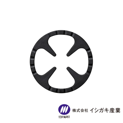 黑色鑄鐵五德瓦斯爐架，呈圓形，內有四個彎曲的支架，邊緣有凹槽紋理。