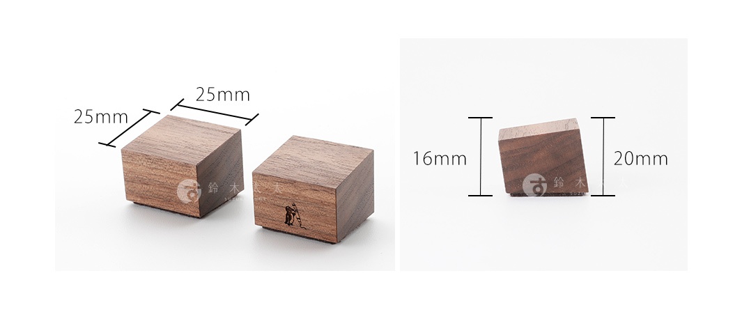一對天然實木筆電散熱塊，深棕色木紋，方形設計，左側顯示 25mm x 25mm 尺寸標示，右側顯示 16mm x 20mm 尺寸標示。