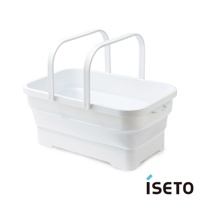 白色可伸縮提籃，採用堅固的塑料材質製成，帶有兩個可折疊的提把，適合收納與攜帶物品。