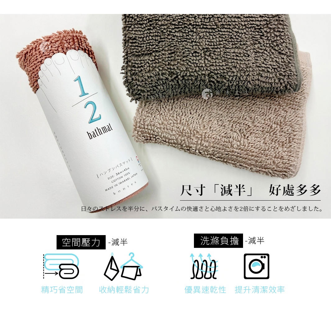 圖片文字：1/2 bathmat，尺寸減半好處多多，日日的壓力在減半，巴士TIME的快適與心地良さを2倍にすることを目ざしました，空間壓力減半，精巧省空間，收納輕鬆省力，洗滌負擔減半，優異速乾性，提升清潔效率，SIZE 36cm x 45cm，COTTON 100%，MADE IN IMABARI JAPAN，kontex。