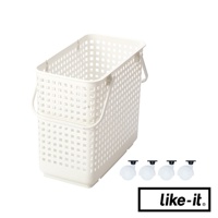 白色塑膠夾縫疊疊洗衣提籃，表面有方形網孔設計，兩側有提把。附有四個透明輪子。