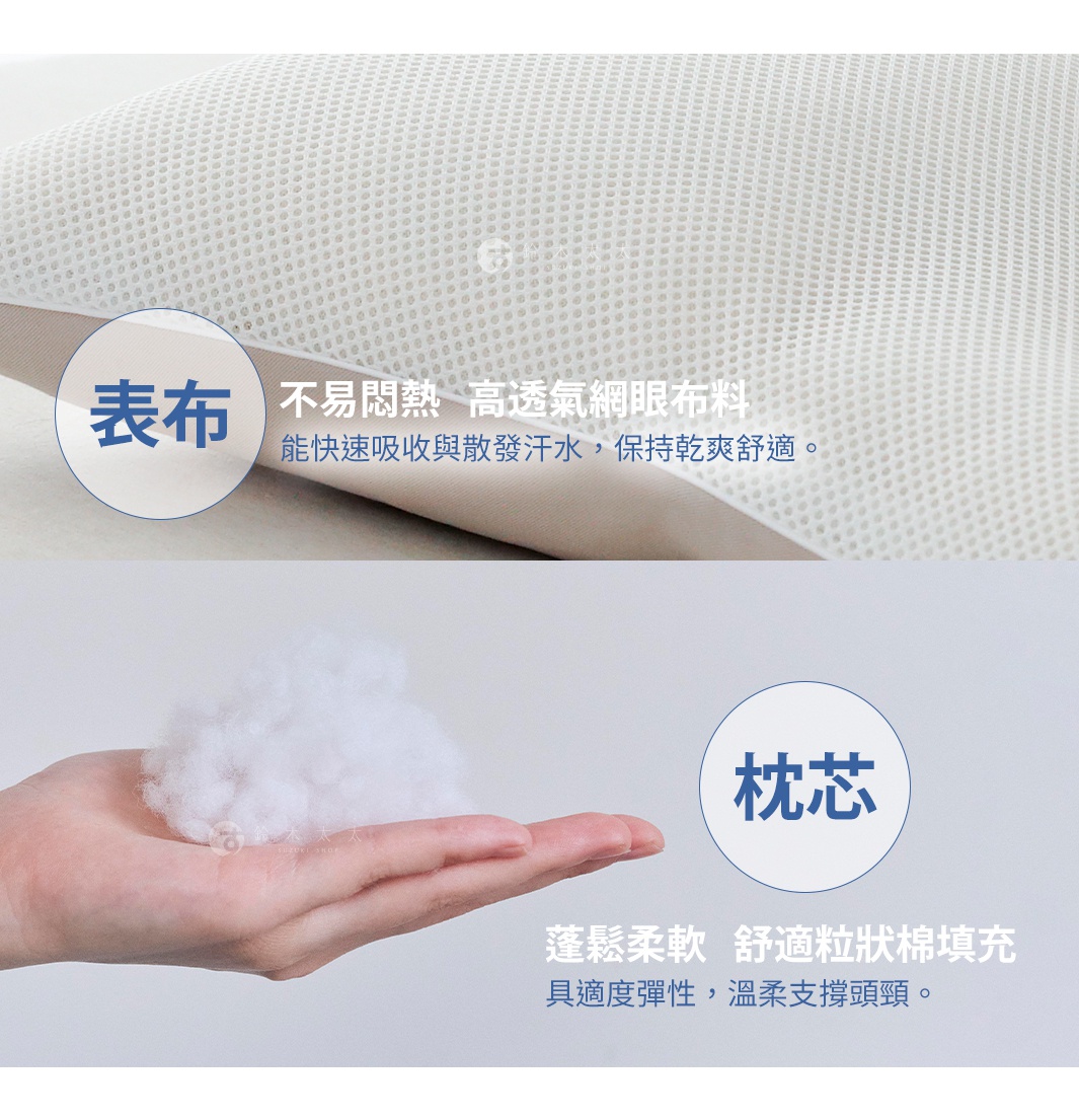 表布

不易悶熱   高透氣網眼布料

能快速吸收與散發汗水，保持乾爽舒適。

枕芯

蓬鬆柔軟   舒適粒狀棉填充

具適度彈性，溫柔支撐頭頸。

通気性の高いメッシュ生地を使用しており、汗を素早く吸収・放散し、快適な状態を保ちます。


