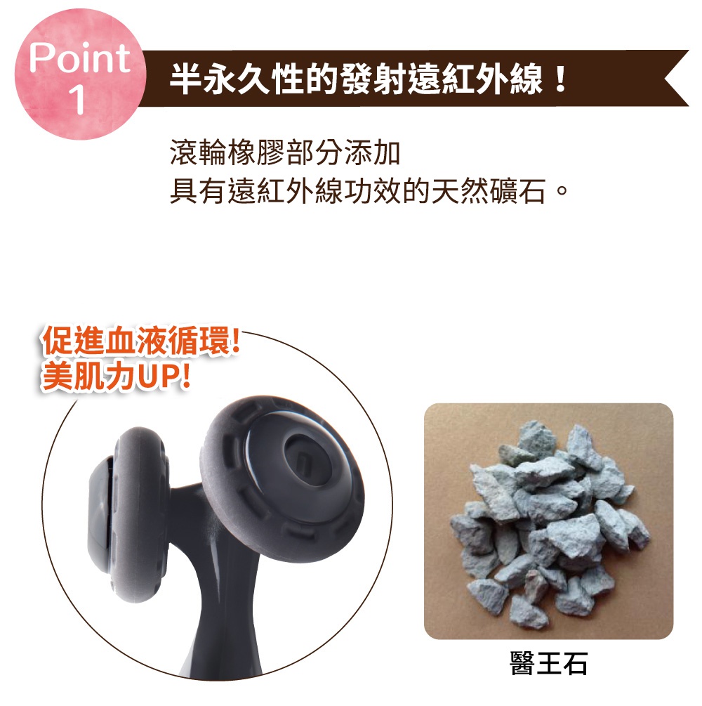 E.遠紅外線美顏滾輪的特寫，展示了其深灰色滾輪和部分手柄，以及一小堆淺灰色的天然礦石。