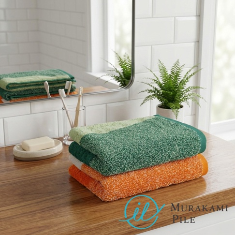 Murakami Pile 品牌標誌和橫跨橘色與綠色毛巾的簡約視覺。