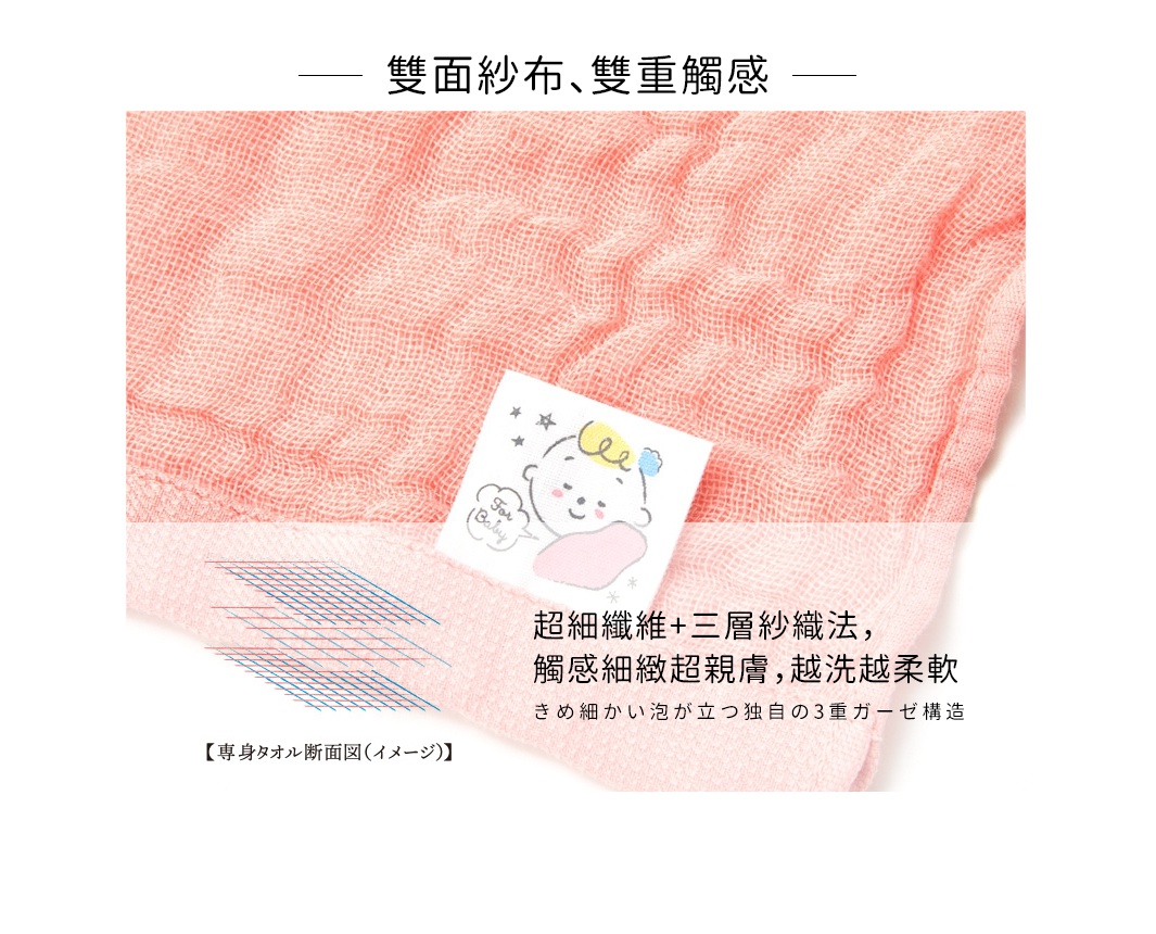 淺珊瑚粉色三層紗純棉寶寶裹身毯，材質輕柔，有細緻的網狀織紋。