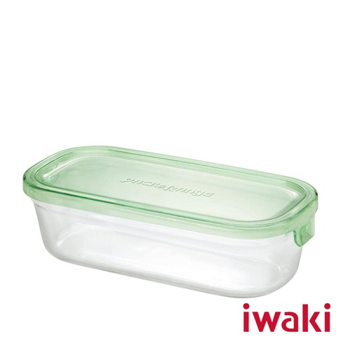 耐熱玻璃長方形保鮮盒，盒身透明，配有淺綠色密封蓋，蓋子上有「PACK&RANGE」壓印字樣。