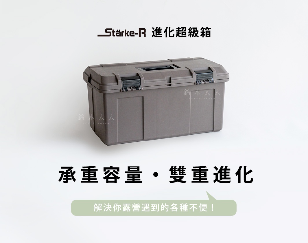 灰色塑膠材質的Stärke-R進化超級箱，箱體線條硬朗，設有兩個黑色扣環和一個提把，堅固耐用，適合戶外露營使用。