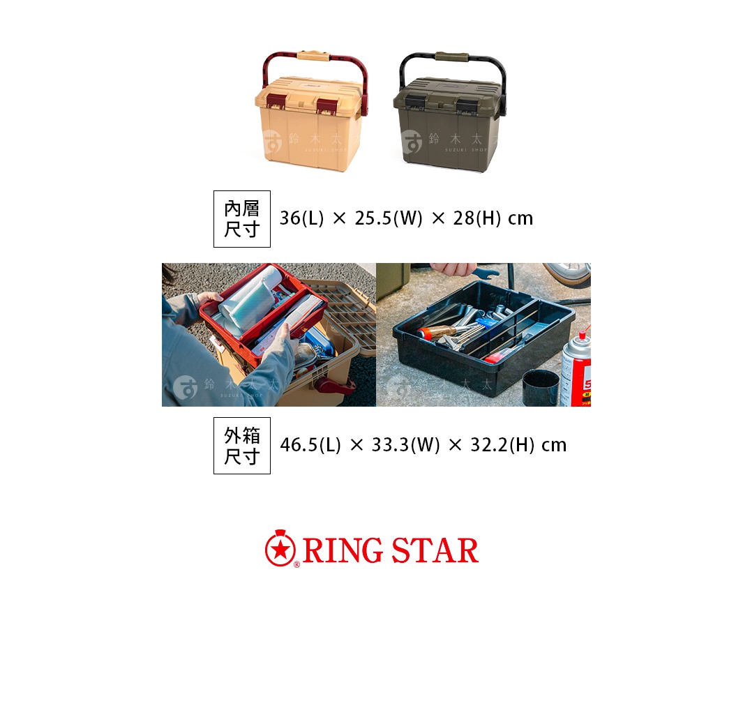 Starke-R 超級箱，提供卡其色與深綠色兩款。箱體為塑膠材質，帶有金屬提把，設計有兩個卡扣。內層尺寸為 36(L) x 25.5(W) x 28(H) cm，外箱尺寸為 46.5(L) x 33.3(W) x 32.2(H) cm。另有展示內部收納工具的圖片。