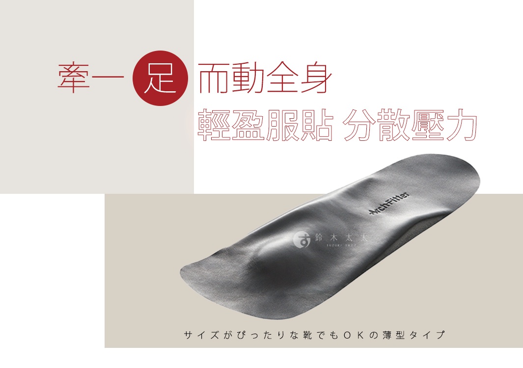 超薄型釋壓護足鞋墊，深灰色，表面有品牌標誌「ArchFitter」及日文「鈴木太太 SUZUKI SHOP」，材質推測為織物或複合材料。