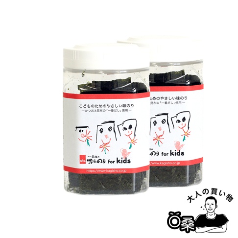 兩個透明塑膠罐裝的兒童味付海苔，罐身有可愛的兒童手繪風格圖案及日文說明，內容物為深綠色的海苔片。