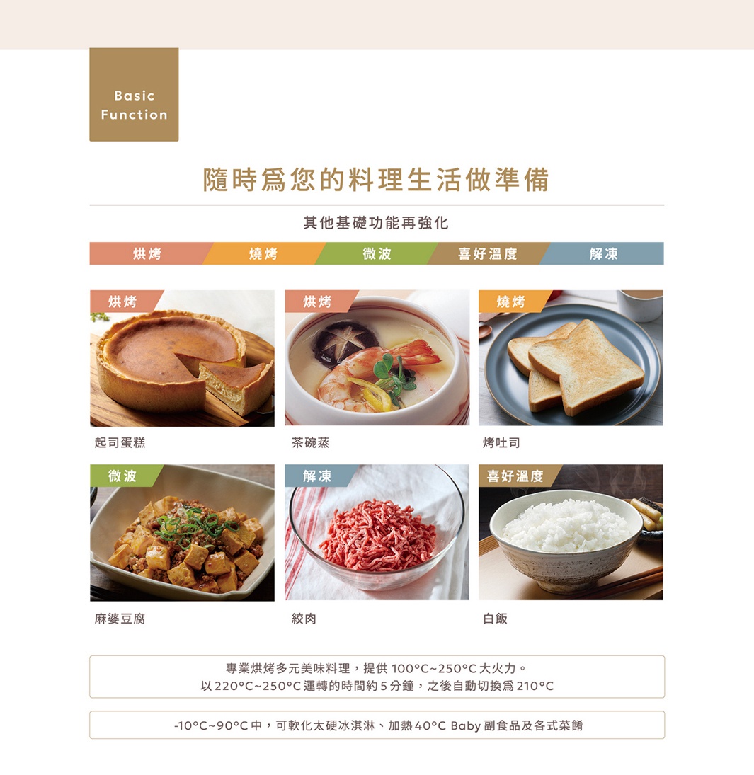 烘烤微波爐 ES-JAF23 產品圖片展示多種料理，包含起司蛋糕、茶碗蒸、烤吐司、麻婆豆腐、絞肉及白飯。