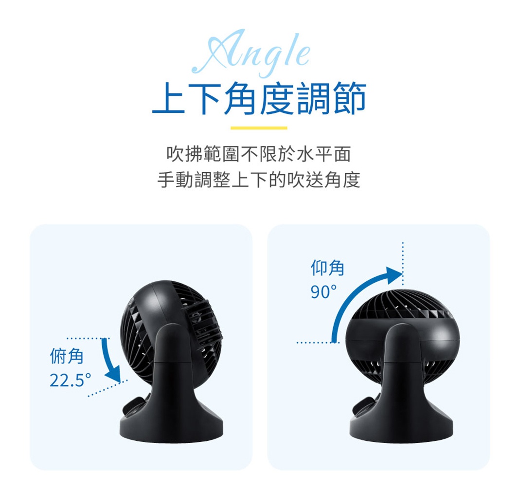 桌上型空氣循環扇 TAF-MKM10N，黑色，展示其可調整的仰角功能，從22.5度到90度。