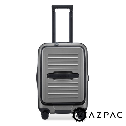 這是一張 AZPAC 二十吋前開口煞車行李箱的產品圖，外觀呈現灰色金屬質感，箱體表面帶有橫向條紋設計，正面中央設有深灰色橫條手把與品牌標誌。行李箱配備伸縮式拉桿，底部可見滑輪，整體視覺風格簡約專業，圖片右下方亦標註了品牌名稱。