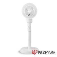 白色直立式落地風扇，圓形網罩，帶有旋鈕控制，座基穩固，散發簡約質感。