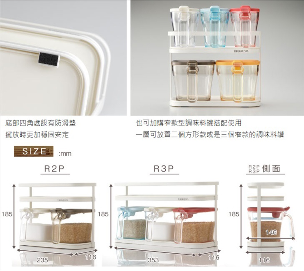 LIBERALISTA 調味料罐收納架組，展示不同尺寸與配置，包括 R2P 和 R3P 款式，並標示各尺寸的長、寬、高數值