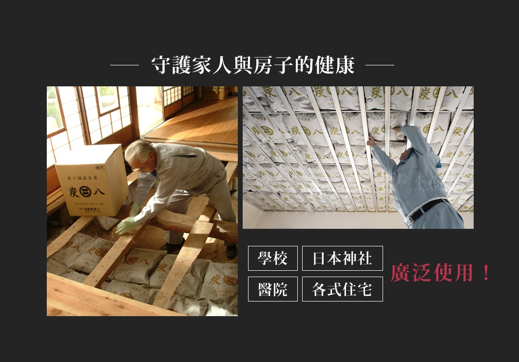 圖片文字：守護家人與房子的健康，圖中展示兩名工人正在施工安裝出雲屋炭八調濕木炭，分別將袋裝木炭鋪設於地板下方結構中，以及懸掛於天花板的支架內。圖中標示此產品廣泛使用於學校、日本神社、醫院及各式住宅，強調透過調濕木炭來維護建築環境的健康。